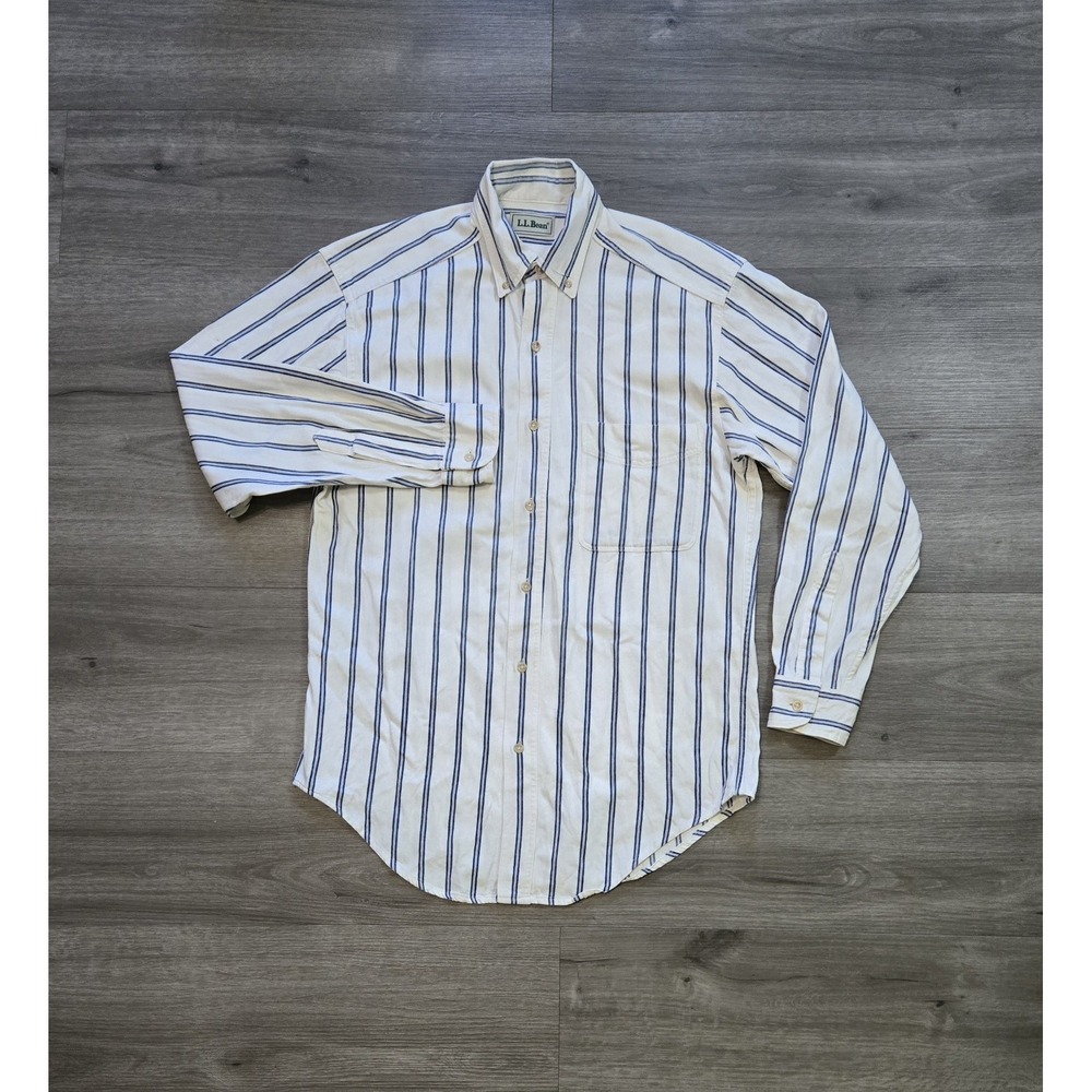 Vtg 90s LL Bean Men's Small White Striped Collared Button Down Shirt Cotton